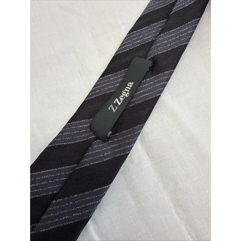 Z Zegna 100% Silk Striped Necktie Black Silver Gray Italy Luxury 59”